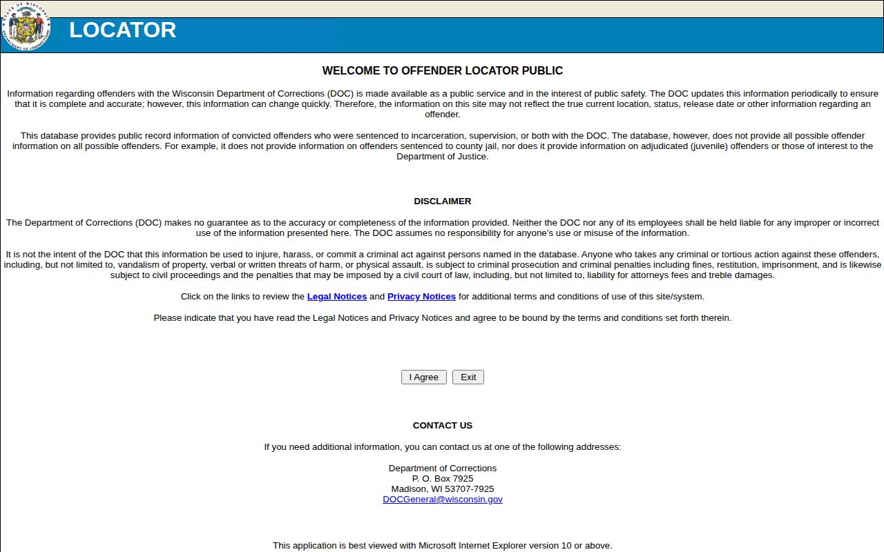 Wisconsin DOC locator for sentenced state-prison custody separate from Rock County booking records